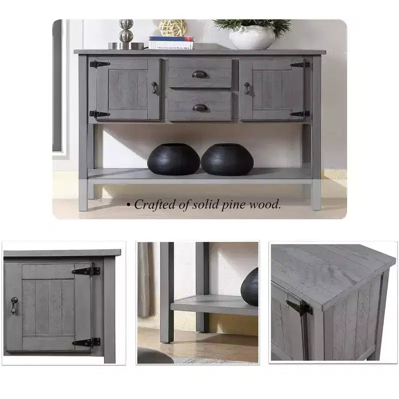 Tavolo Consolle Rustico da 48 Pollici, Tavolo da Ingresso Rustico con 2 Cassetti e Ante, Tavolo da Divano in Legno Massello con Scaffali per Camera da Letto, Grigio