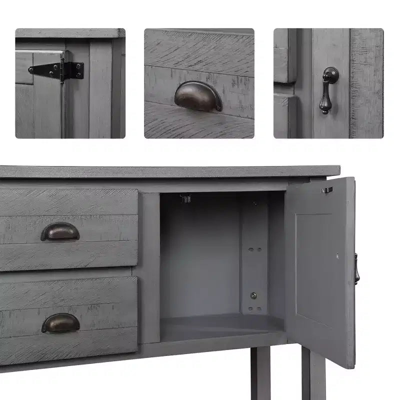 Tavolo Consolle Rustico da 48 Pollici, Tavolo da Ingresso Rustico con 2 Cassetti e Ante, Tavolo da Divano in Legno Massello con Scaffali per Camera da Letto, Grigio
