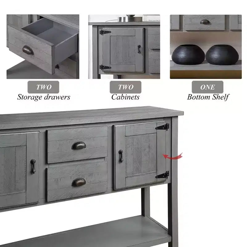 Tavolo Consolle Rustico da 48 Pollici, Tavolo da Ingresso Rustico con 2 Cassetti e Ante, Tavolo da Divano in Legno Massello con Scaffali per Camera da Letto, Grigio