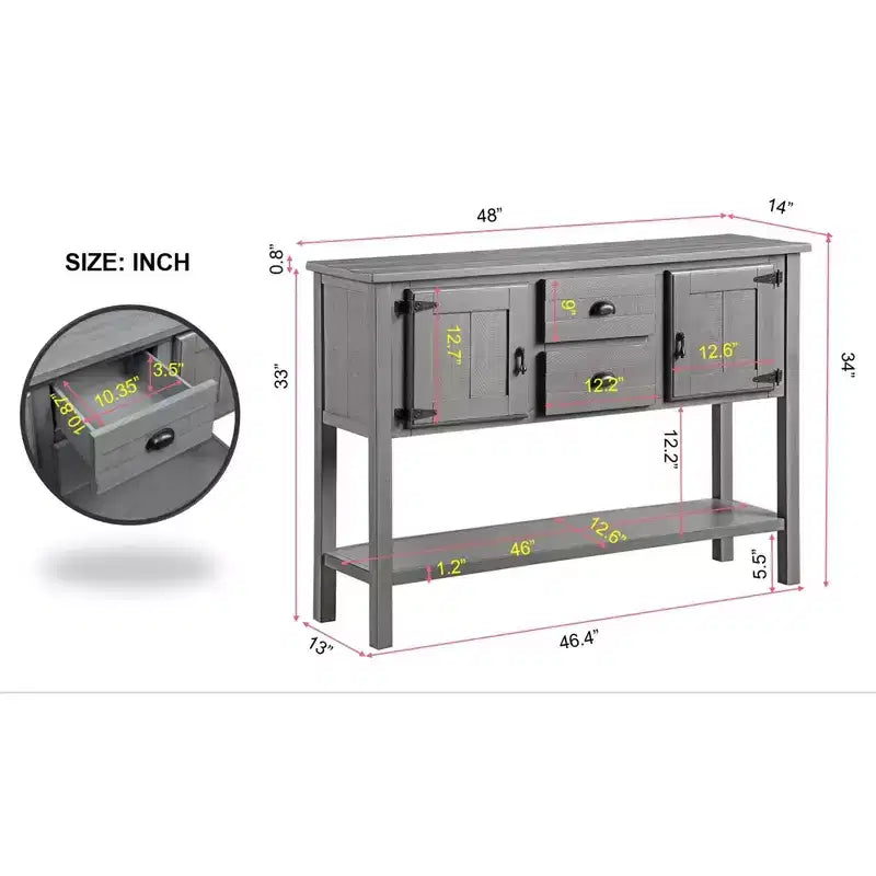 Tavolo Consolle Rustico da 48 Pollici, Tavolo da Ingresso Rustico con 2 Cassetti e Ante, Tavolo da Divano in Legno Massello con Scaffali per Camera da Letto, Grigio