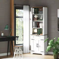 Coolmee 72 Tall Farmhouse Bookcase, Wooden Bookshelf with Storage Cabinet and Drawer, 4 Tier Display Cabinet with Barn Door and Adjustable Shelf
