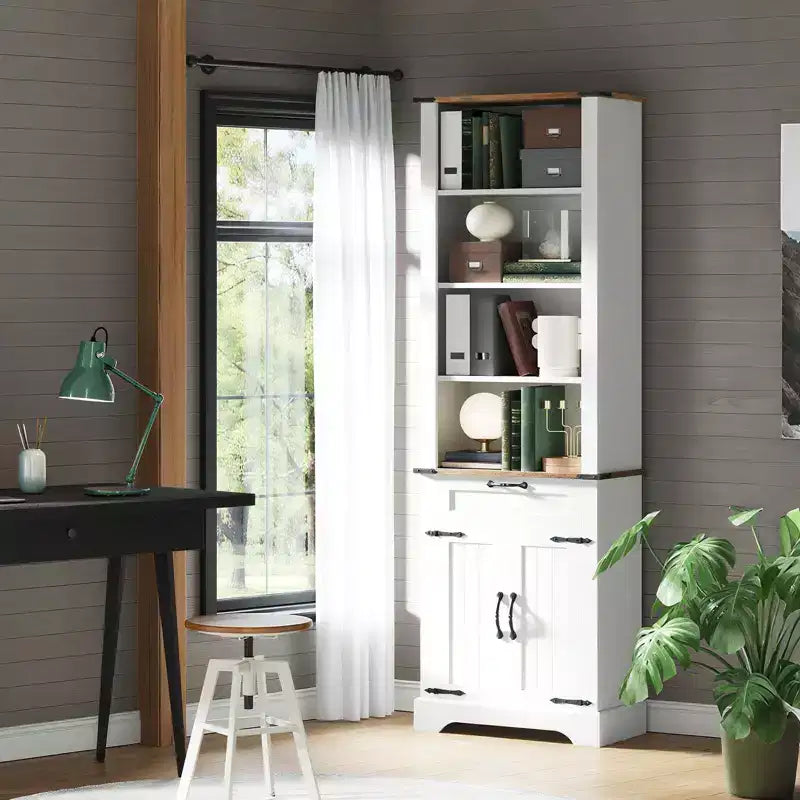 Coolmee 72 Tall Farmhouse Bookcase, Wooden Bookshelf with Storage Cabinet and Drawer, 4 Tier Display Cabinet with Barn Door and Adjustable Shelf