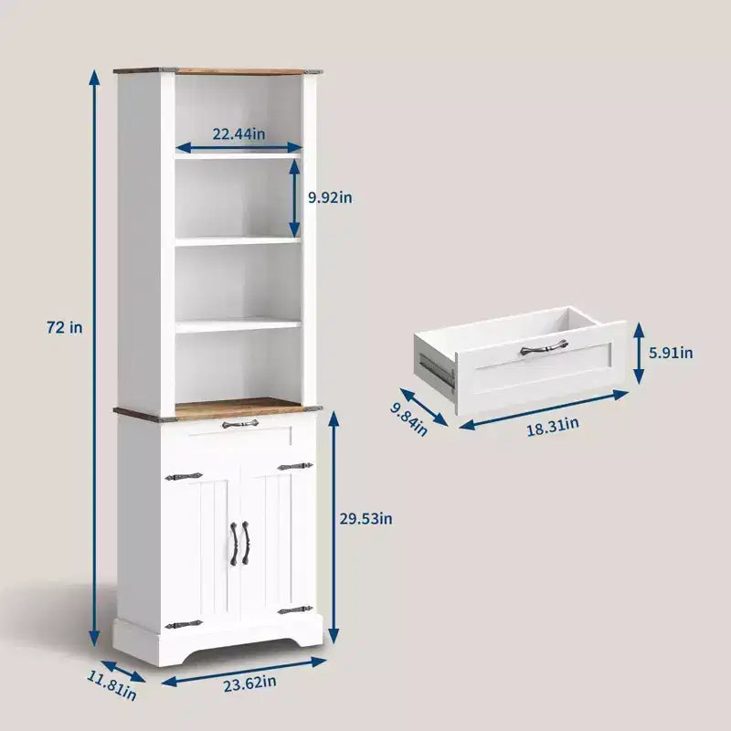 Libreria in stile rustico alta 72", scaffale in legno con armadietto e cassetto, vetrinetta a 4 ripiani con porta a "granaio" e ripiano regolabile