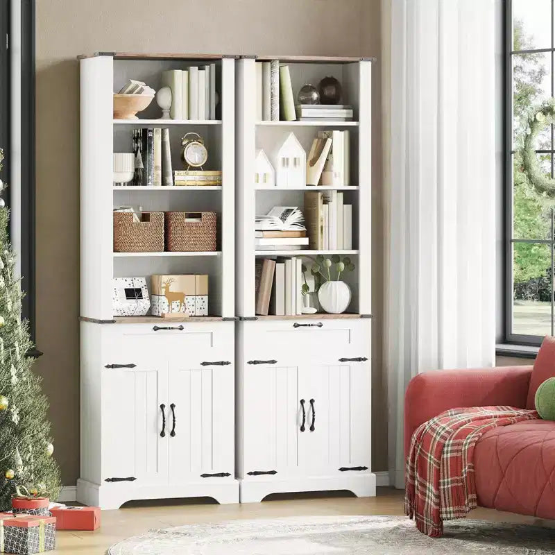 Libreria in stile rustico alta 72", scaffale in legno con armadietto e cassetto, vetrinetta a 4 ripiani con porta a "granaio" e ripiano regolabile
