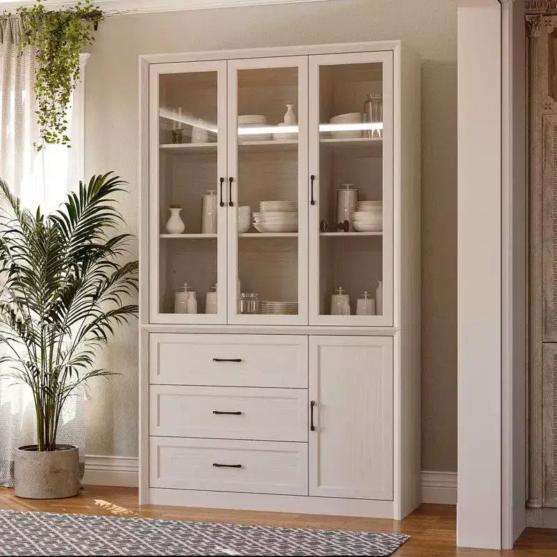 Famapy Modern Kitchen Hutch with Glass Doors,Multi-Drawer Kitchen Organizer,Kitchen Pantry with Storage,Easy Assembly,Perfect for Any Kitchen Layout