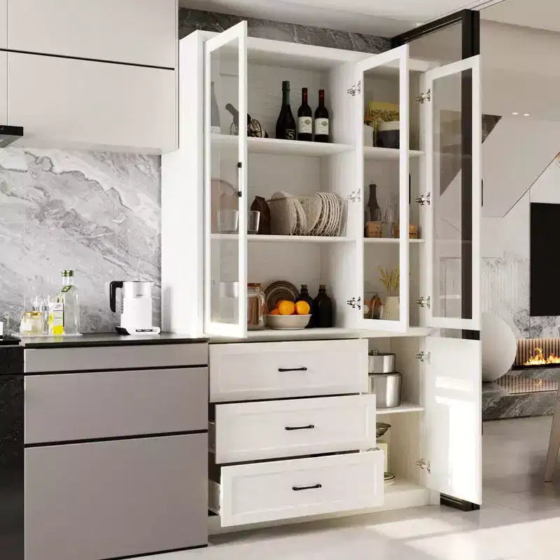 Credenza moderna da cucina con ante in vetro, organizer da cucina a cassetti multipli, dispensa da cucina con vani, facile da montare, perfetta per ogni layout di cucina