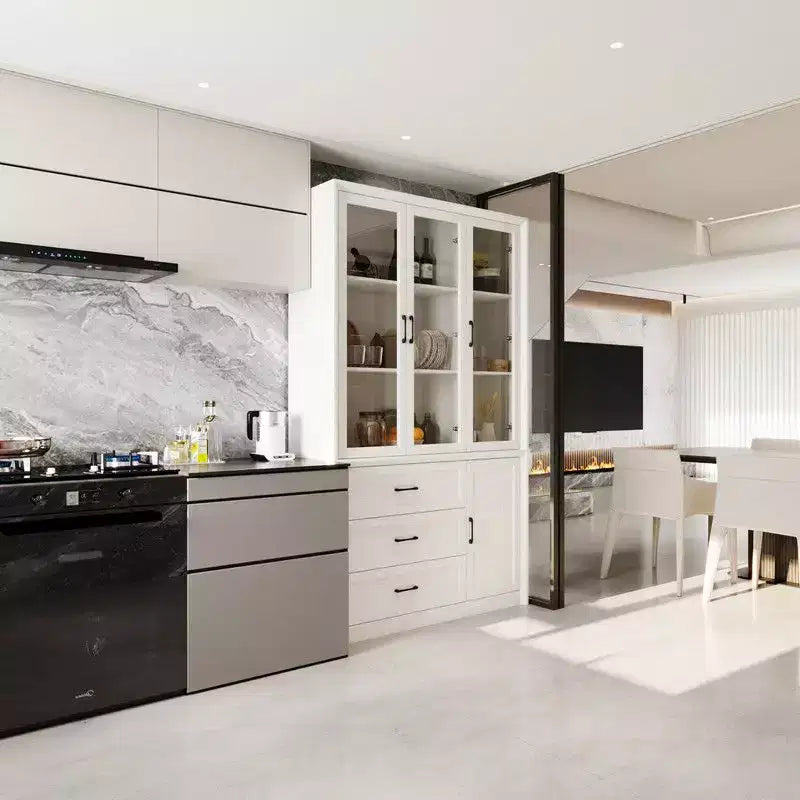 Credenza moderna da cucina con ante in vetro, organizer da cucina a cassetti multipli, dispensa da cucina con vani, facile da montare, perfetta per ogni layout di cucina