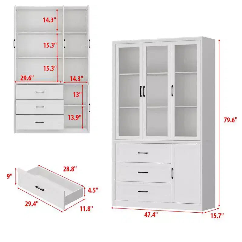 Credenza moderna da cucina con ante in vetro, organizer da cucina a cassetti multipli, dispensa da cucina con vani, facile da montare, perfetta per ogni layout di cucina