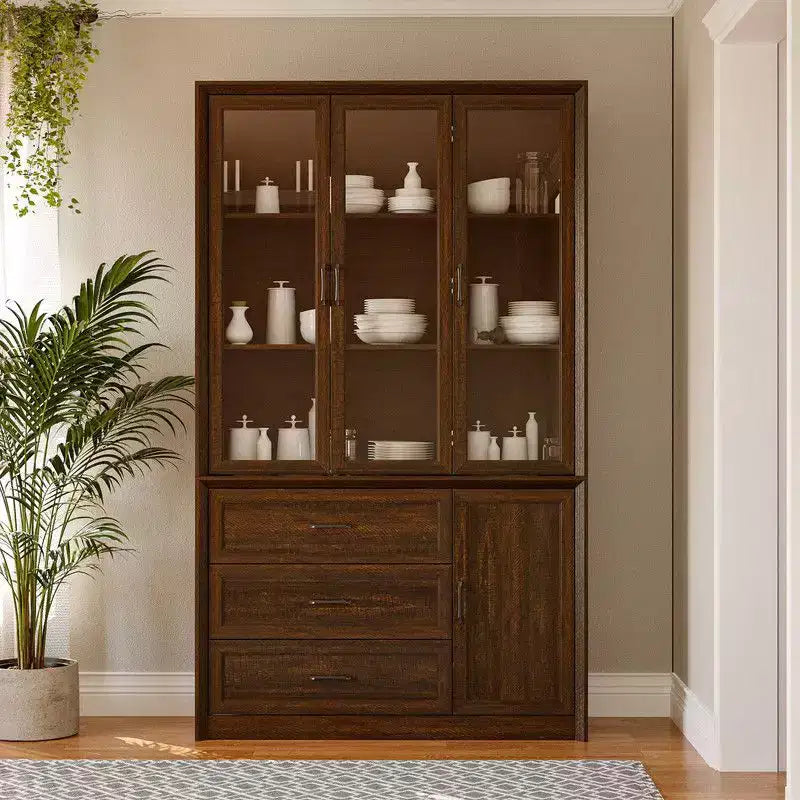 Credenza moderna da cucina con ante in vetro, organizer da cucina a cassetti multipli, dispensa da cucina con vani, facile da montare, perfetta per ogni layout di cucina