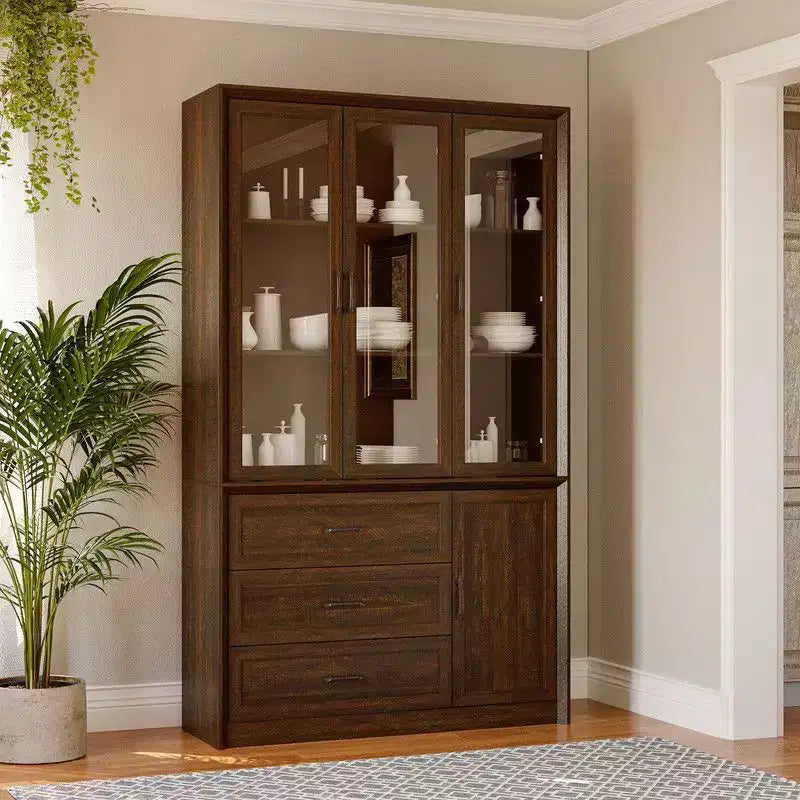 Credenza moderna da cucina con ante in vetro, organizer da cucina a cassetti multipli, dispensa da cucina con vani, facile da montare, perfetta per ogni layout di cucina