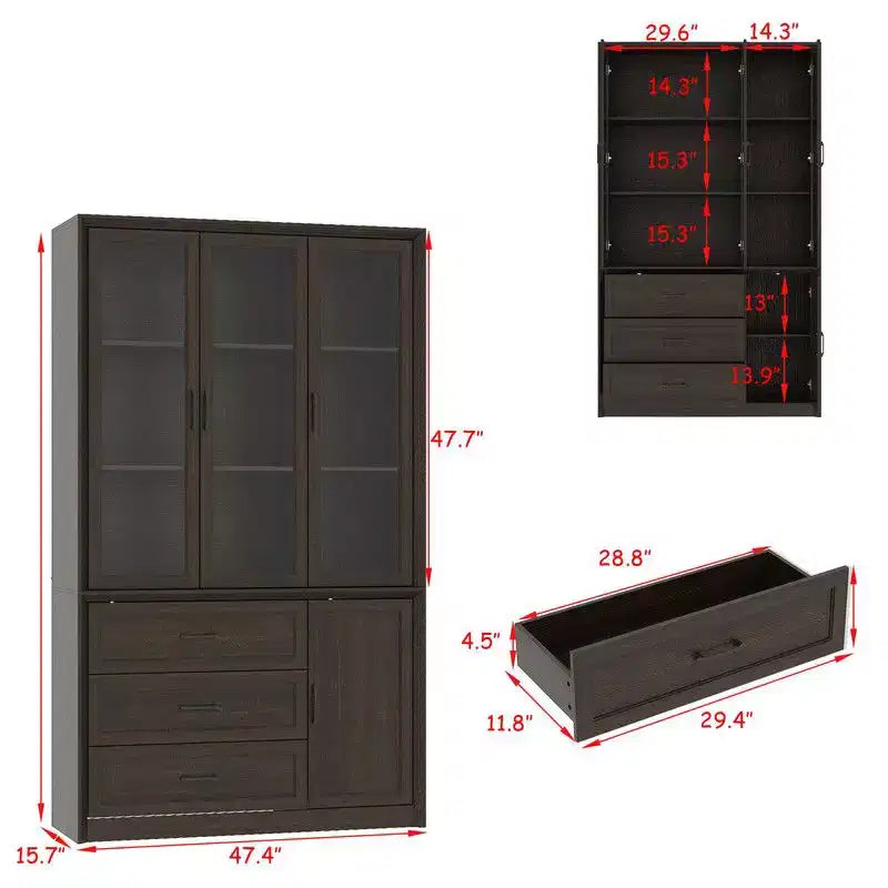 Credenza moderna da cucina con ante in vetro, organizer da cucina a cassetti multipli, dispensa da cucina con vani, facile da montare, perfetta per ogni layout di cucina