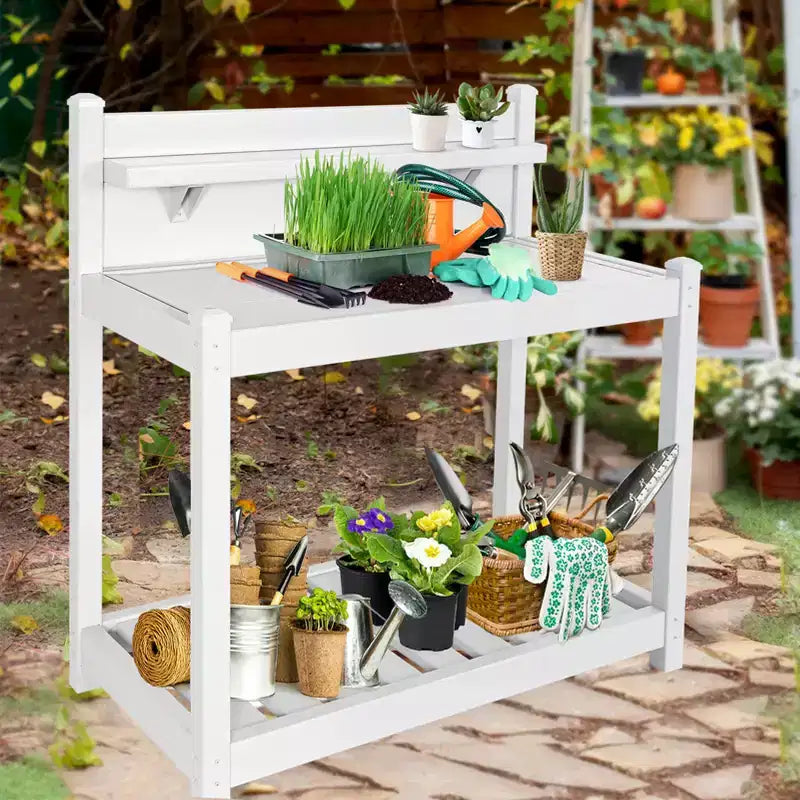 EAGLE PEAK Outdoor Indoor Maintenance Free Vinyl Garden Potting Bench, Waterproof Potting Table with Open Shelf, White
