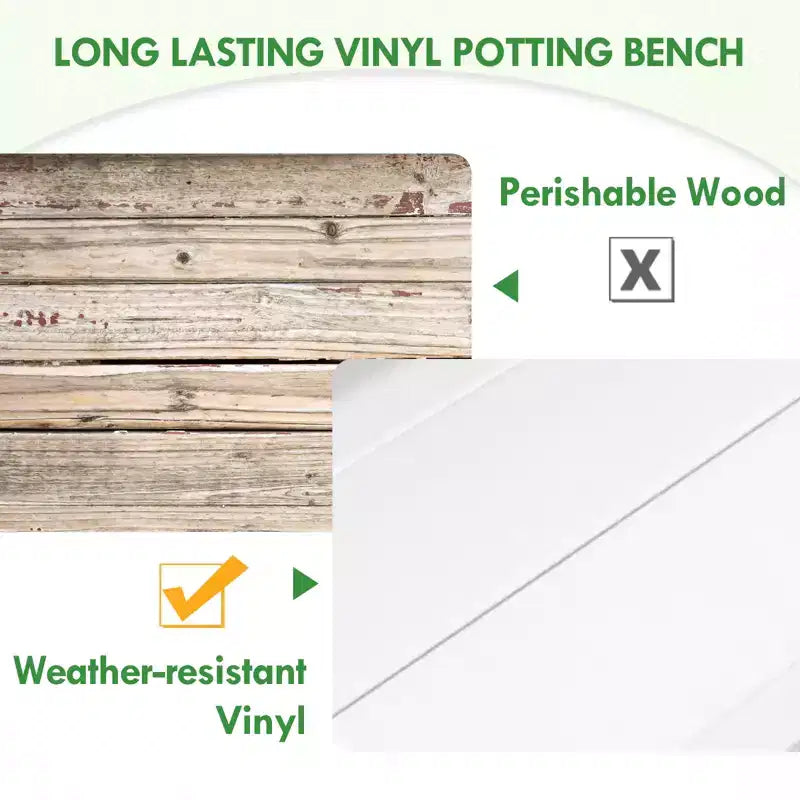 Banco da giardinaggio in vinile per esterni/interni esente da manutenzione, tavolo da rinvaso impermeabile con ripiano aperto, bianco