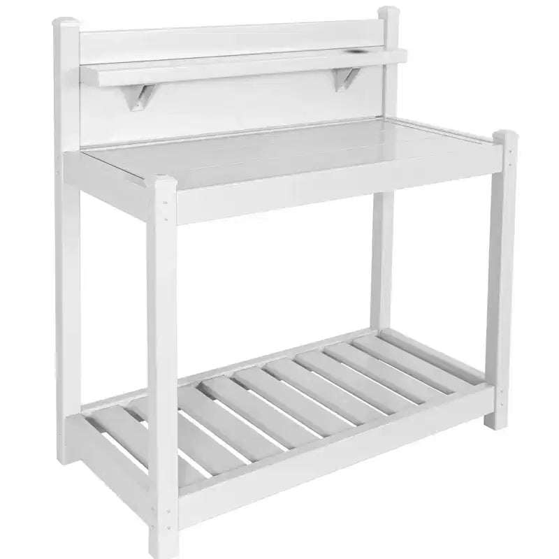 Banco da giardinaggio in vinile per esterni/interni esente da manutenzione, tavolo da rinvaso impermeabile con ripiano aperto, bianco