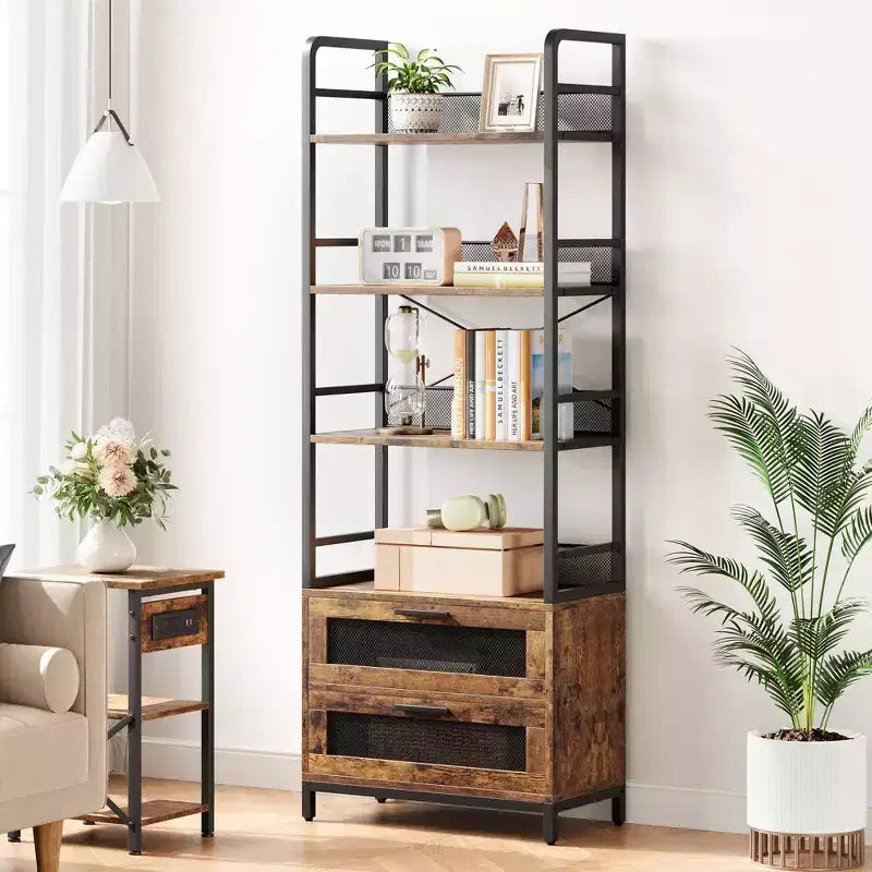 Industrial Bookshelf with Drawers, 4-Tier Rustic Bookcase, 70.87 Tall Display Storage Rack for Bedroom, Living Room, Home Office, Brown