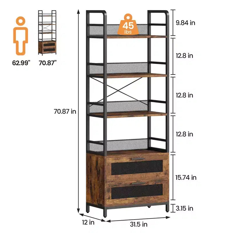 Libreria industriale con cassetti, scaffale rustico a 4 ripiani, espositore alto 180 cm per camera da letto, soggiorno, ufficio, marrone