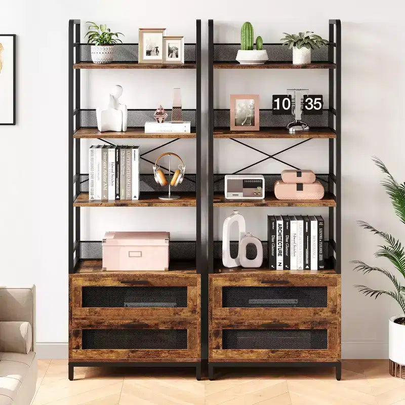 Libreria industriale con cassetti, scaffale rustico a 4 ripiani, espositore alto 180 cm per camera da letto, soggiorno, ufficio, marrone