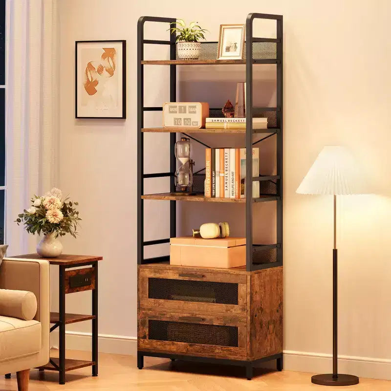 Libreria industriale con cassetti, scaffale rustico a 4 ripiani, espositore alto 180 cm per camera da letto, soggiorno, ufficio, marrone