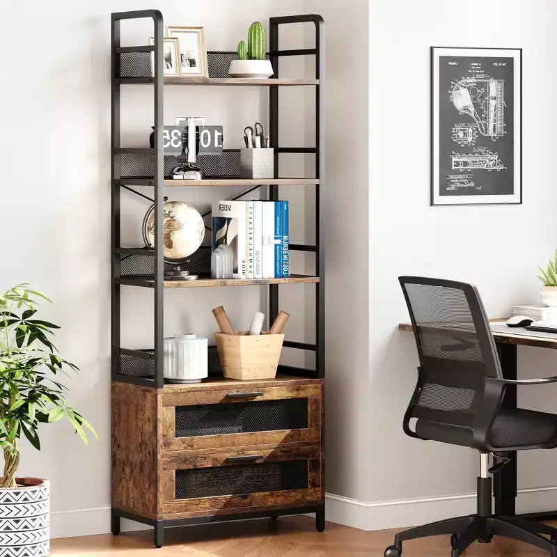 Libreria industriale con cassetti, scaffale rustico a 4 ripiani, espositore alto 180 cm per camera da letto, soggiorno, ufficio, marrone