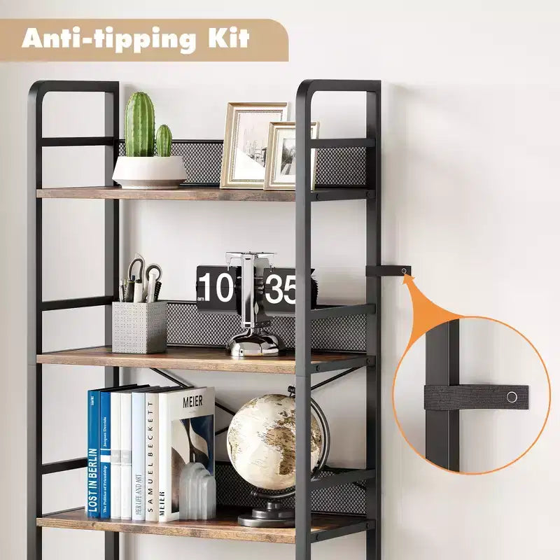 Libreria industriale con cassetti, scaffale rustico a 4 ripiani, espositore alto 180 cm per camera da letto, soggiorno, ufficio, marrone