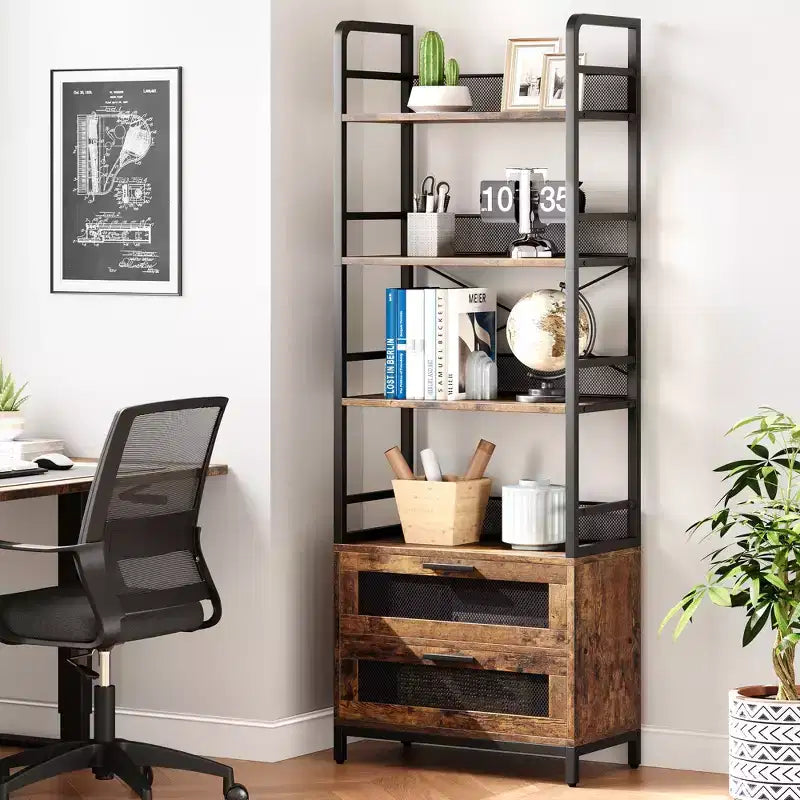 Libreria industriale con cassetti, scaffale rustico a 4 ripiani, espositore alto 180 cm per camera da letto, soggiorno, ufficio, marrone