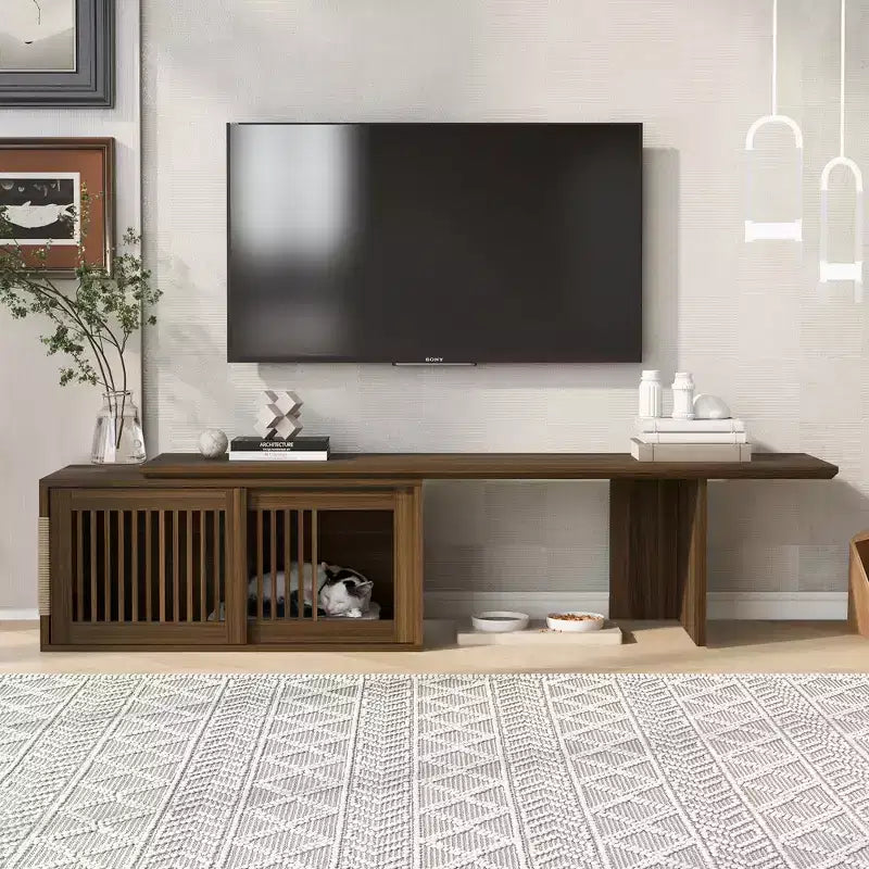 Extendable TV Stand Cat Furniture TV Media Console Cat House Litter Box Enclosure with Cat Scratcher, Walnut - ModernLuxe