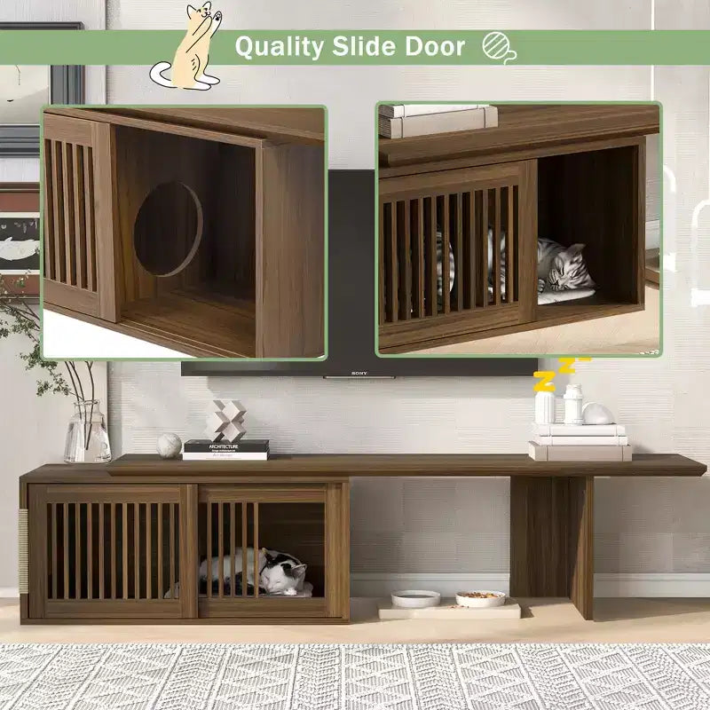 Mobile TV Allungabile Cat Furniture TV Media Console Cat House Cuccia per Gatti Lettiera Chiusa con Tiragraffi per Gatti, Noce - ModernLuxe