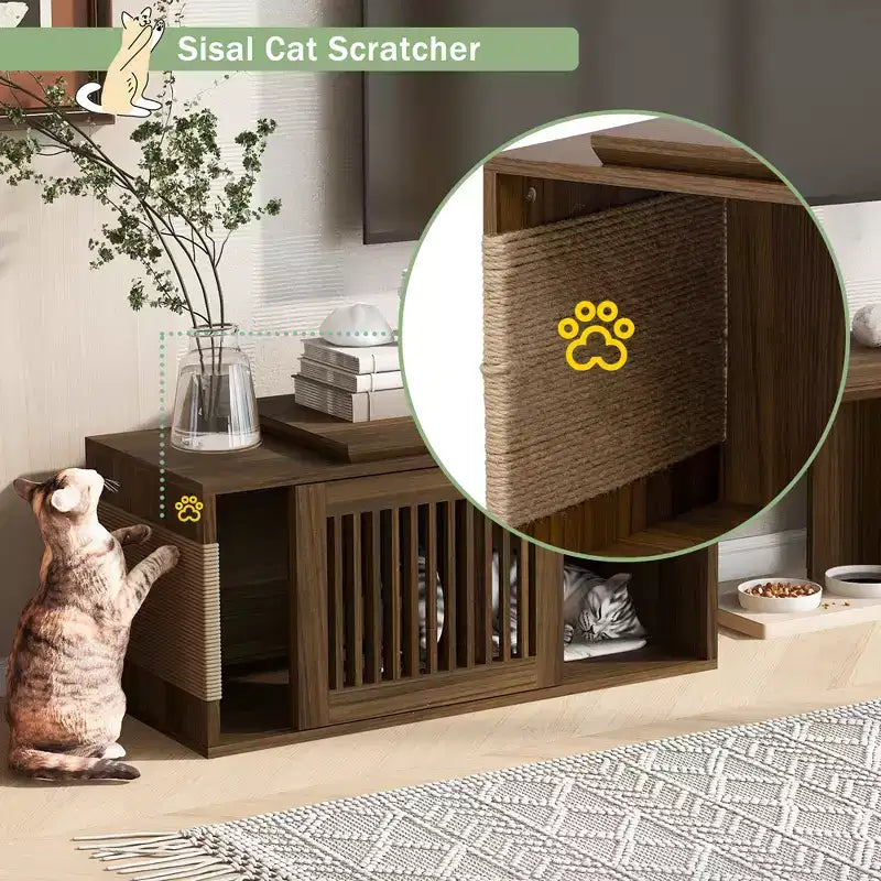 Mobile TV Allungabile Cat Furniture TV Media Console Cat House Cuccia per Gatti Lettiera Chiusa con Tiragraffi per Gatti, Noce - ModernLuxe