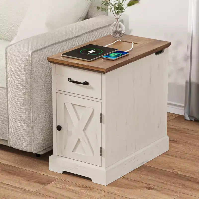 Hommpa Rustic Farmhouse End Table with Charging Station & Storage Shelves Perfect for Small Space