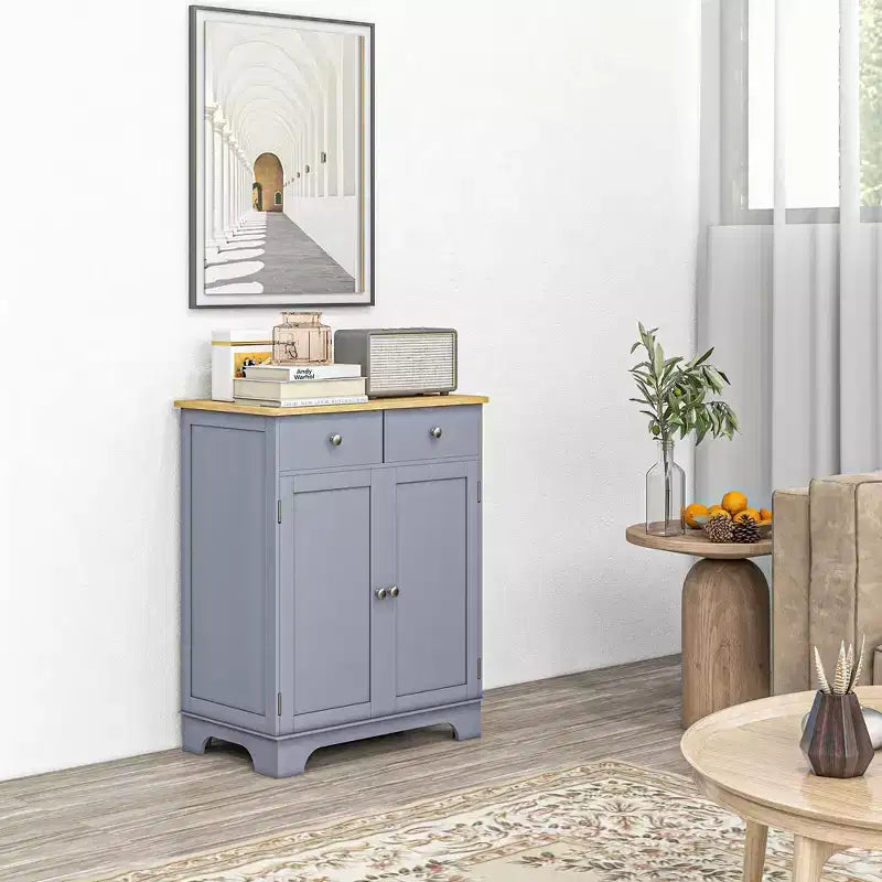 Madia Credenza, Mobile Cucina a Doppia Anta, Mobiletto Contenitore per Caffè con 2 Cassetti, Ripiano Regolabile per Soggiorno, Grigio
