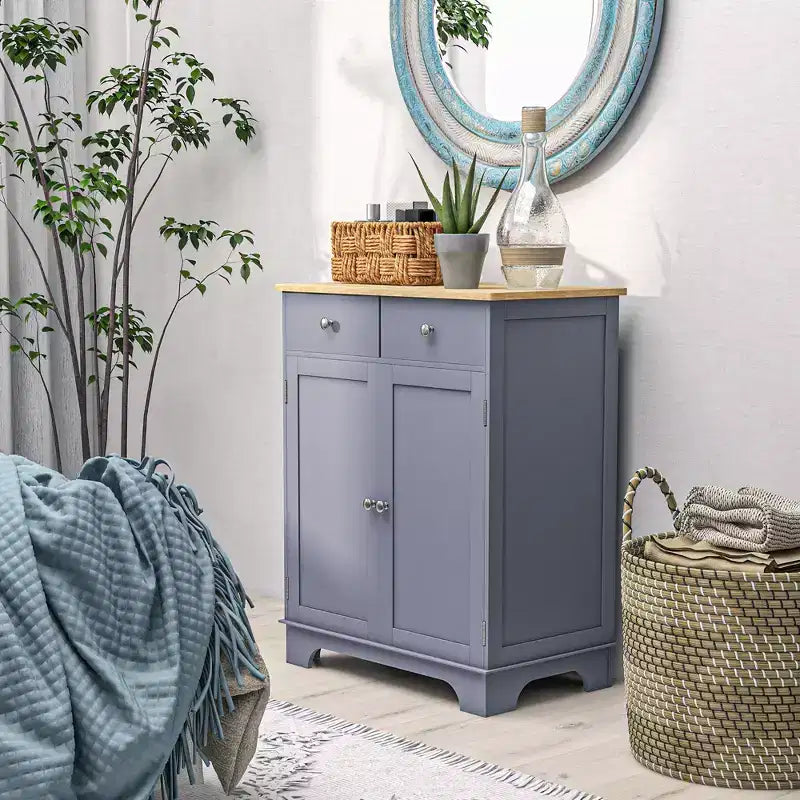 Madia Credenza, Mobile Cucina a Doppia Anta, Mobiletto Contenitore per Caffè con 2 Cassetti, Ripiano Regolabile per Soggiorno, Grigio