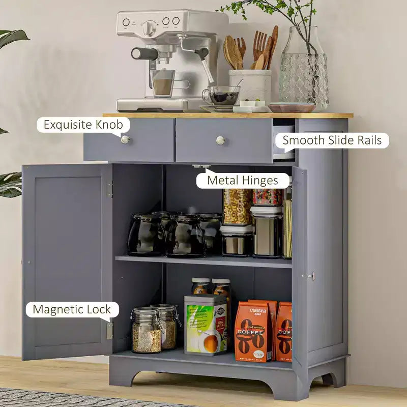 Madia Credenza, Mobile Cucina a Doppia Anta, Mobiletto Contenitore per Caffè con 2 Cassetti, Ripiano Regolabile per Soggiorno, Grigio