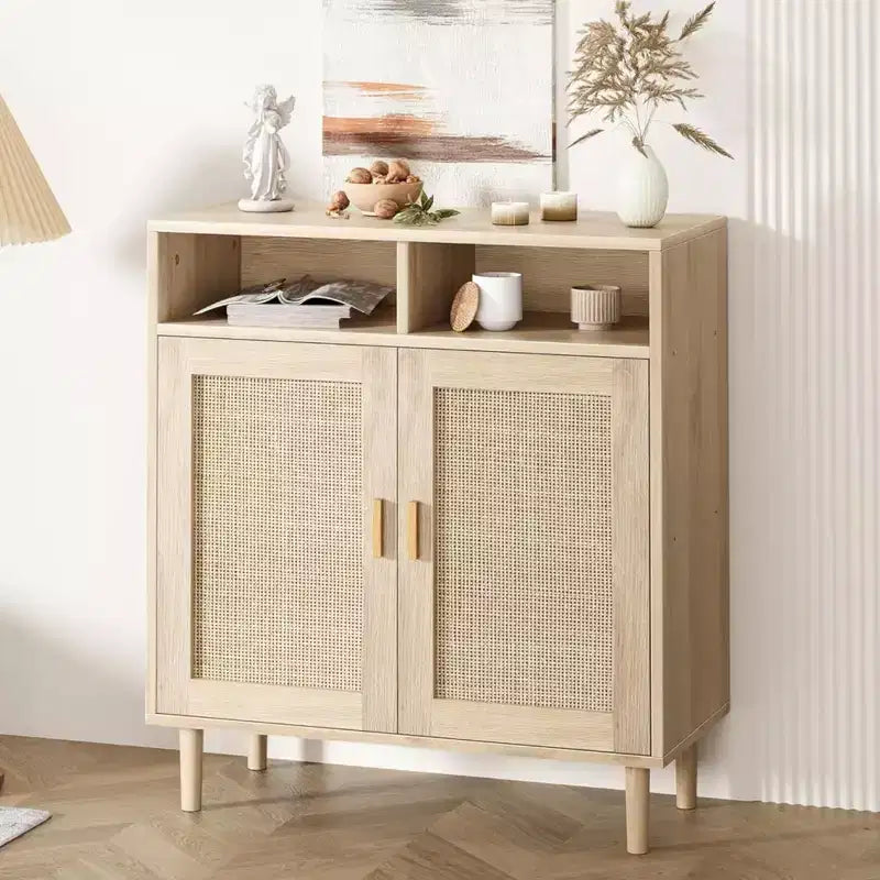 Coolmee Sideboard Buffet Storage Cabinet, Rattan Kitchen Cabinet with 2 Doors/Shelf for Dining Living Room Entry Hallway Coffee Bar