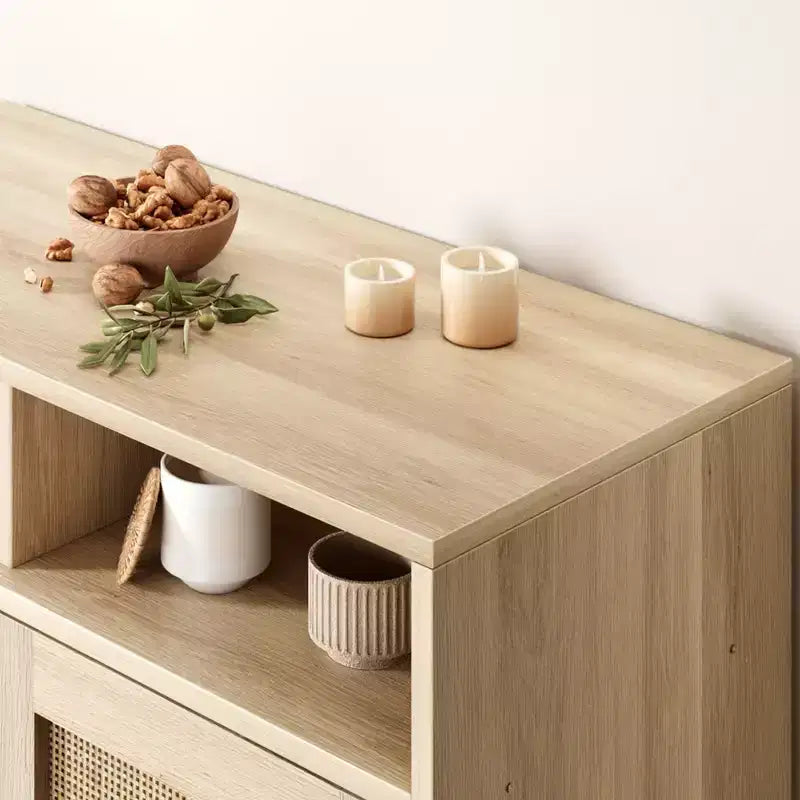 Madia Credenza, Mobile da Cucina in Rattan con 2 Ante/Ripiano per Sala da Pranzo, Soggiorno, Ingresso, Bar