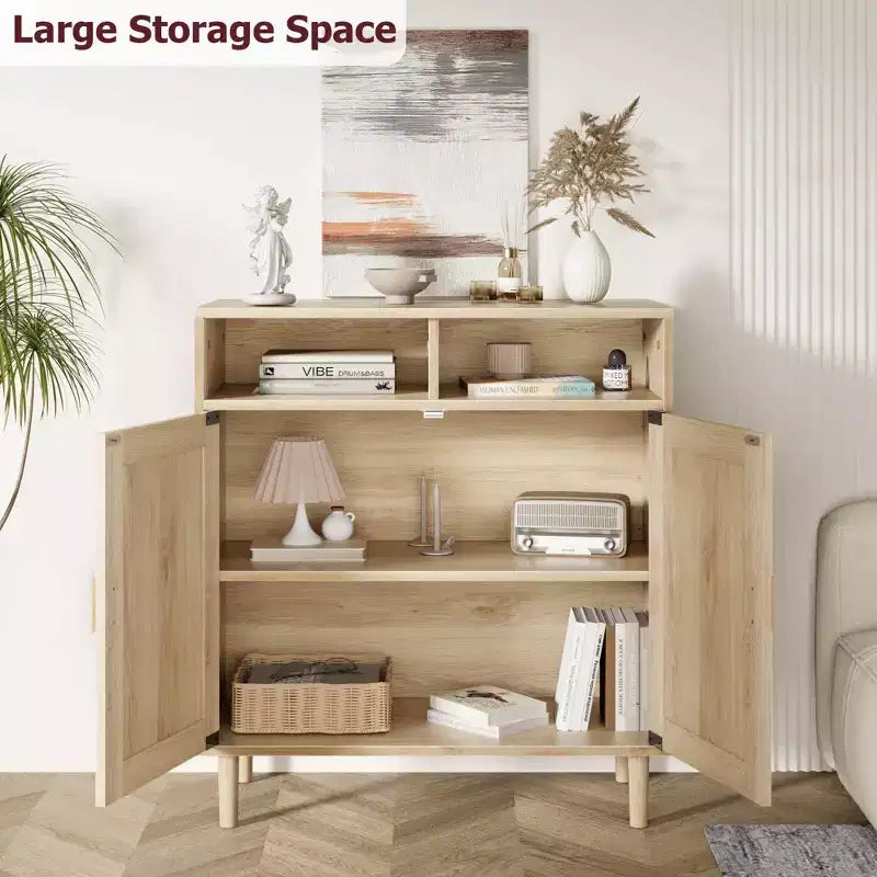 Madia Credenza, Mobile da Cucina in Rattan con 2 Ante/Ripiano per Sala da Pranzo, Soggiorno, Ingresso, Bar