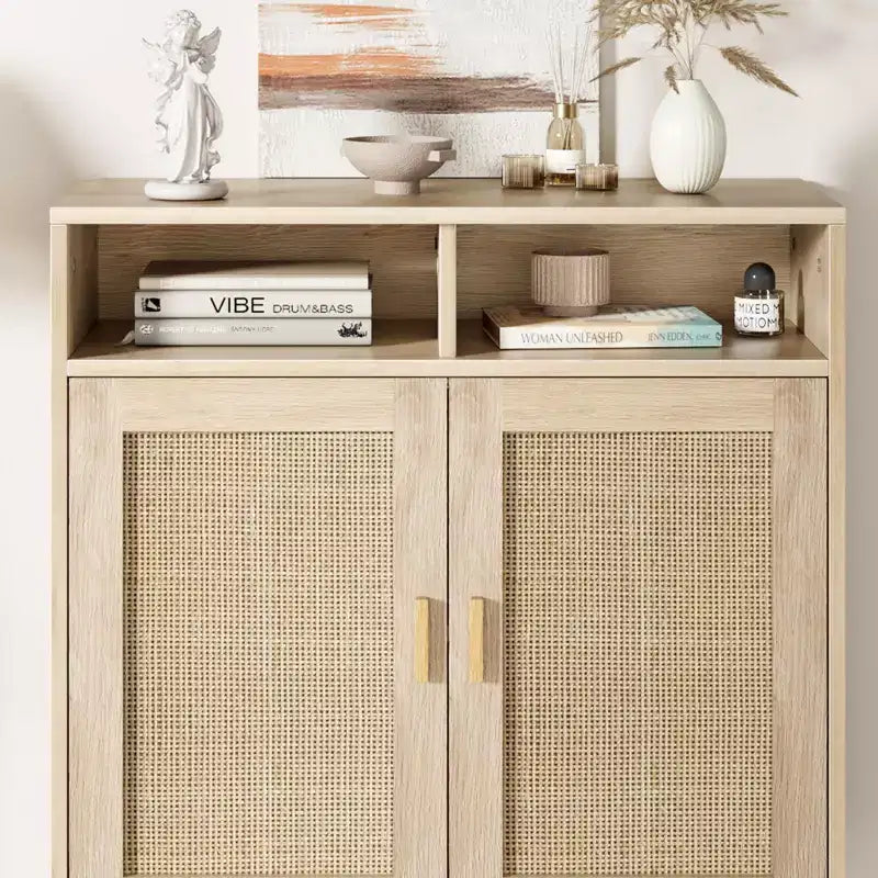 Madia Credenza, Mobile da Cucina in Rattan con 2 Ante/Ripiano per Sala da Pranzo, Soggiorno, Ingresso, Bar