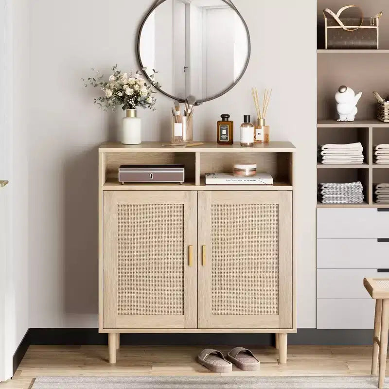 Madia Credenza, Mobile da Cucina in Rattan con 2 Ante/Ripiano per Sala da Pranzo, Soggiorno, Ingresso, Bar