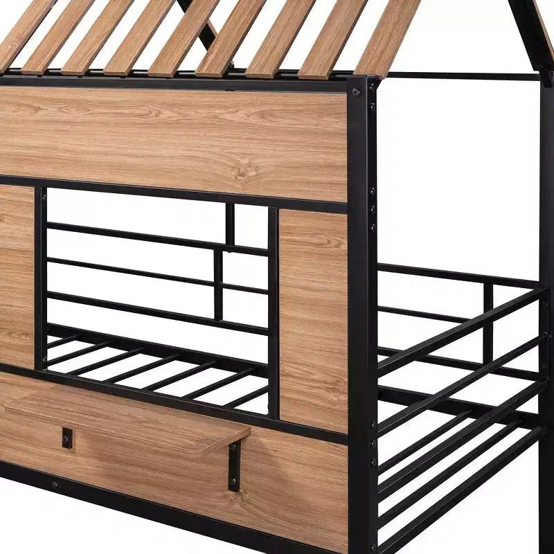 Letto a soppalco Metal House per bambini, struttura letto a soppalco per ragazzi a una piazza e mezza con tetto e finestra