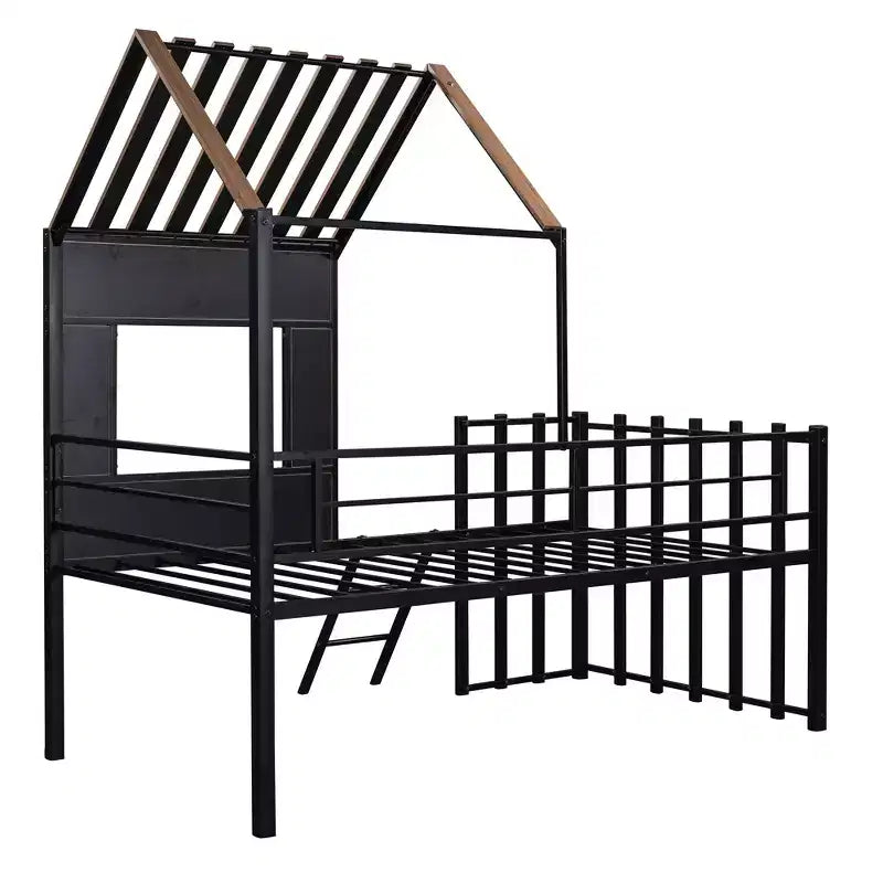 Letto a soppalco Metal House per bambini, struttura letto a soppalco per ragazzi a una piazza e mezza con tetto e finestra