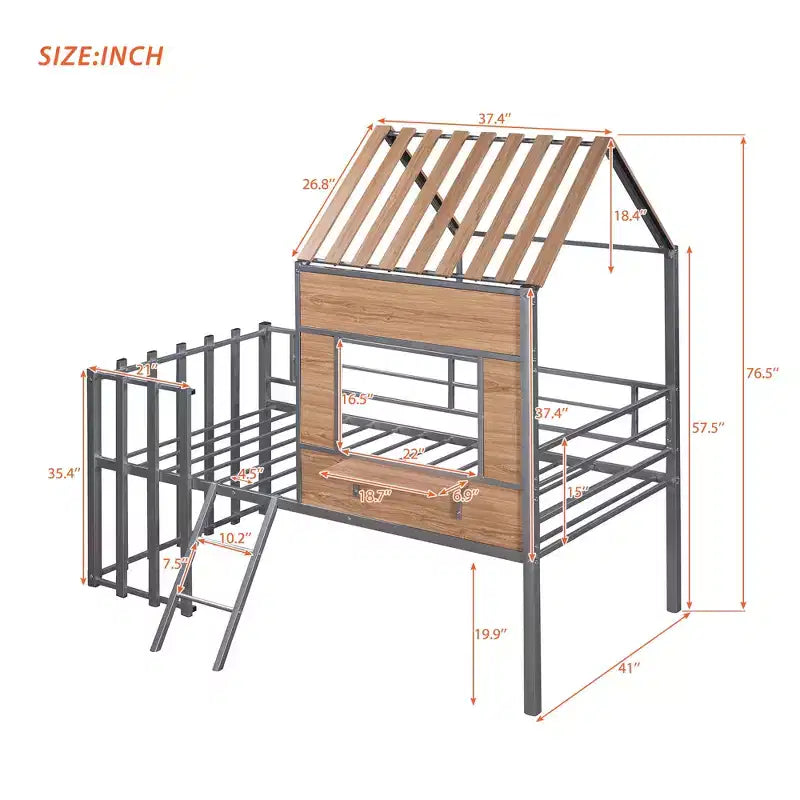 Letto a soppalco Metal House per bambini, struttura letto a soppalco per ragazzi a una piazza e mezza con tetto e finestra