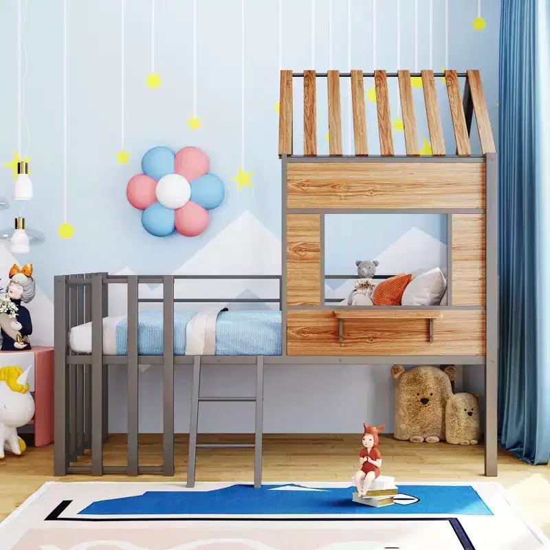 Letto a soppalco Metal House per bambini, struttura letto a soppalco per ragazzi a una piazza e mezza con tetto e finestra