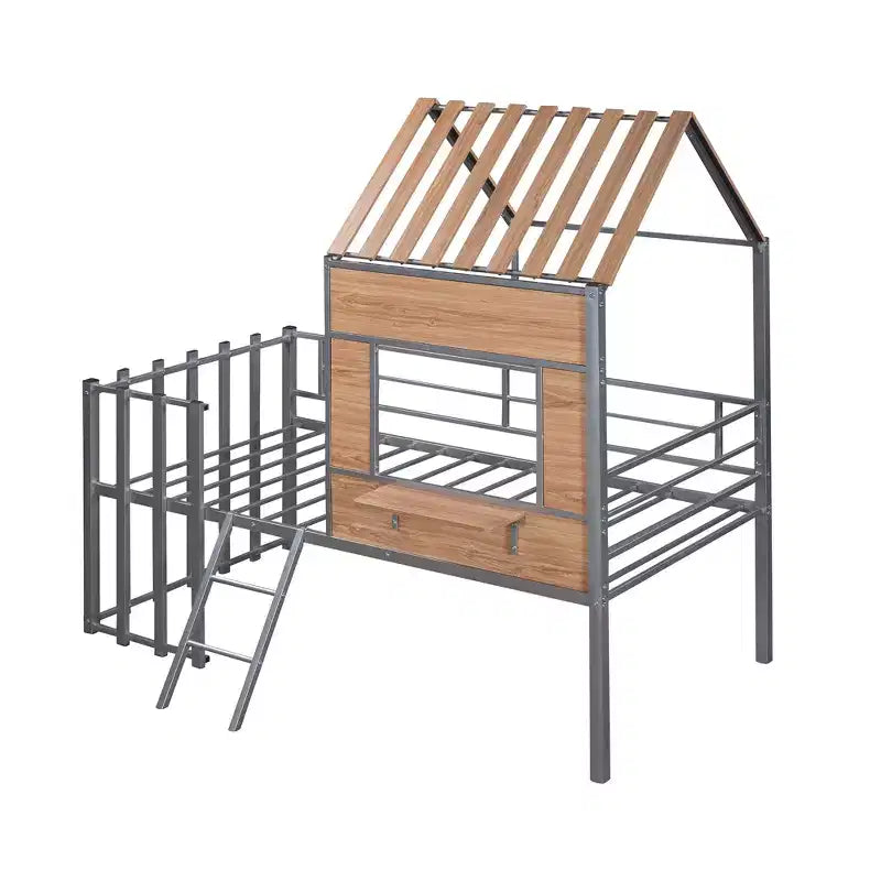Letto a soppalco Metal House per bambini, struttura letto a soppalco per ragazzi a una piazza e mezza con tetto e finestra