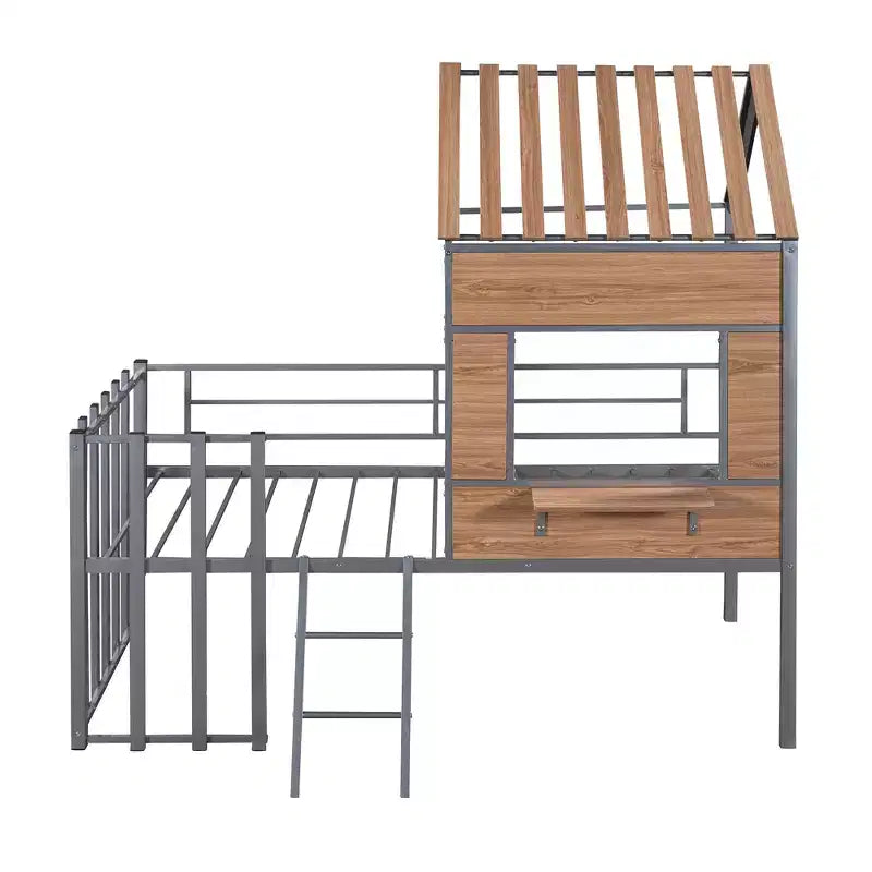 Letto a soppalco Metal House per bambini, struttura letto a soppalco per ragazzi a una piazza e mezza con tetto e finestra