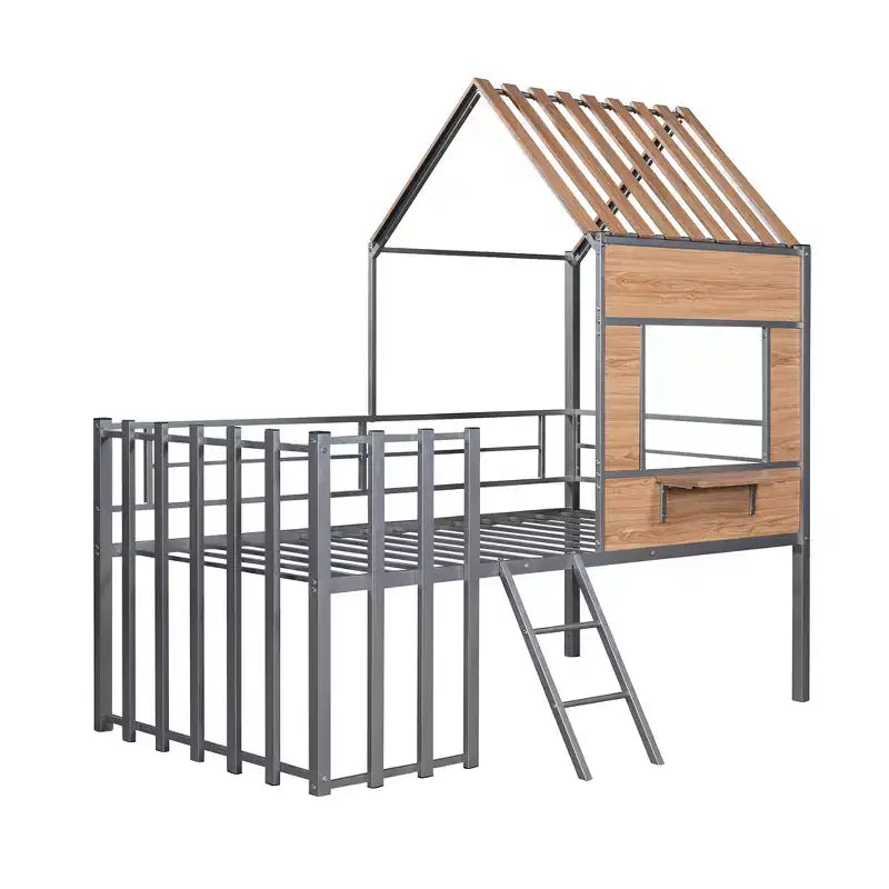 Letto a soppalco Metal House per bambini, struttura letto a soppalco per ragazzi a una piazza e mezza con tetto e finestra