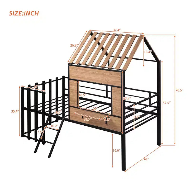 Letto a soppalco Metal House per bambini, struttura letto a soppalco per ragazzi a una piazza e mezza con tetto e finestra