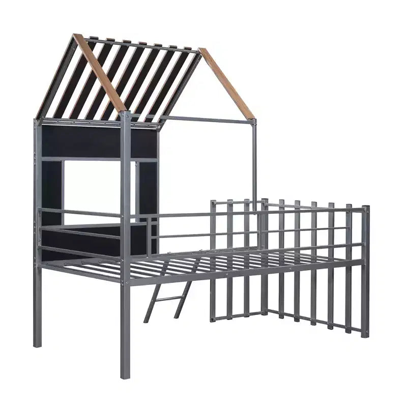 Letto a soppalco Metal House per bambini, struttura letto a soppalco per ragazzi a una piazza e mezza con tetto e finestra