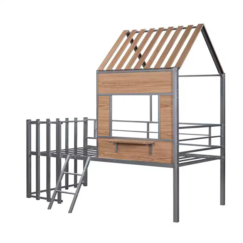 Letto a soppalco Metal House per bambini, struttura letto a soppalco per ragazzi a una piazza e mezza con tetto e finestra