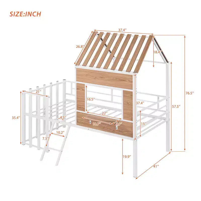 Letto a soppalco Metal House per bambini, struttura letto a soppalco per ragazzi a una piazza e mezza con tetto e finestra