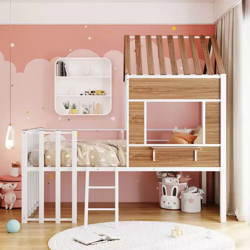 Letto a soppalco Metal House per bambini, struttura letto a soppalco per ragazzi a una piazza e mezza con tetto e finestra