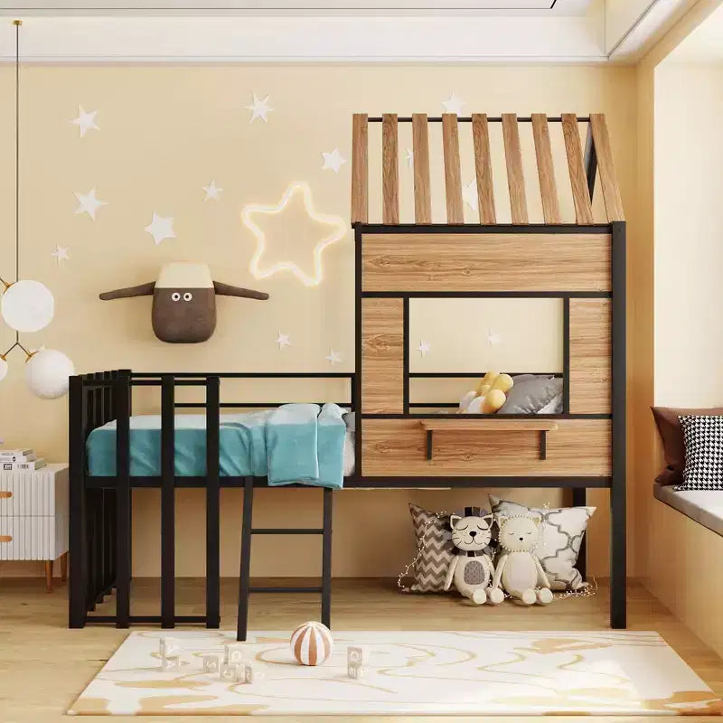 Letto a soppalco Metal House per bambini, struttura letto a soppalco per ragazzi a una piazza e mezza con tetto e finestra